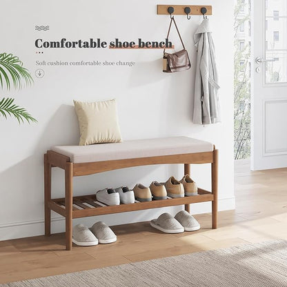 STDDRE Shoe Bench Entryway Bamboo 2-Tier Shoe Rack with Cushion Padded Seat Shoe Bench Organizer Stable for Entry, Hallway, Living Room, Bedroom, Closet (31.5 * 11.4 * 16.5IN, Brown-Beige)