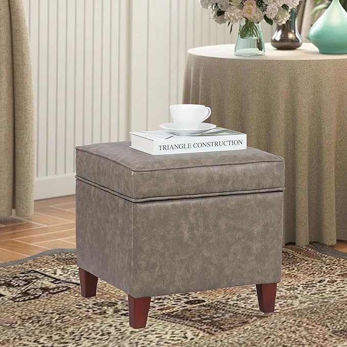 Adeco 17.5" Square Storage Ottoman, Faux Leather Flip Top Footstool & Coffee Table, Upholstered Foot Rest with Wood Legs, Small Extra Seat for Living Room & Bedroom, Coffee Brown