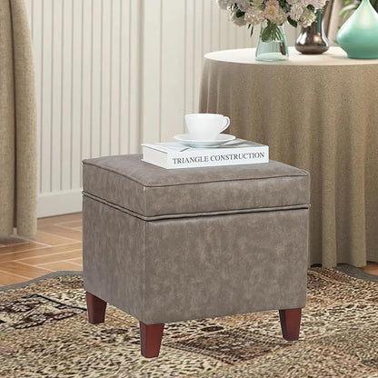 Adeco 17.5" Square Storage Ottoman, Faux Leather Flip Top Footstool & Coffee Table, Upholstered Foot Rest with Wood Legs, Small Extra Seat for Living Room & Bedroom, Coffee Brown