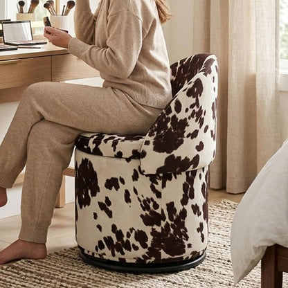 LukeAlon Linen Makeup Ottoman with Storage, Upholstered 360° Swivel Vanity Stool with Foldable Backrest Modern Cylindrical Footrest Stool for Living Room Bedroom, Cow Print