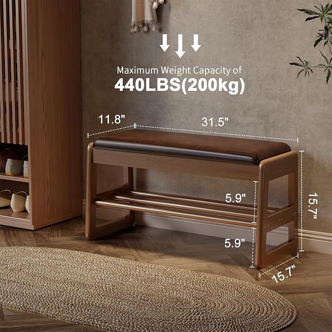 AQIMUELE Shoe Rack Bench,2 Tiers Shoe Bench with Storage with Flip-Top,Wood Shoe Rack for Entryway,Hallway（Dark Walnut Upholstered Seat,11.8" D x 31.5" W x 15.7" H）