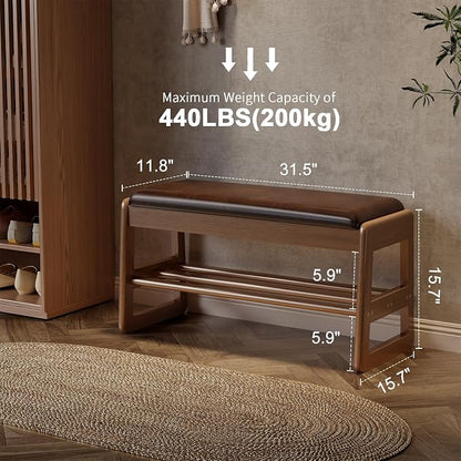 AQIMUELE Shoe Rack Bench,2 Tiers Shoe Bench with Storage with Flip-Top,Wood Shoe Rack for Entryway,Hallway（Dark Walnut Upholstered Seat,11.8" D x 31.5" W x 15.7" H）