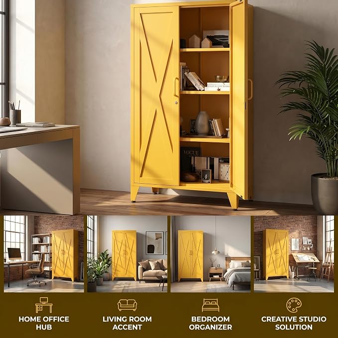 X-Shaped Door Kitchen Pantry Cabinets with Lockable and Adjustable partitions Metal Storage Cabinet 61" H Metal Pantry Cabinetfor Cupboard/Dining Room/Bathroom/Living Room/Office/Laundry Room