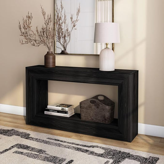 Plank+Beam Grande 56” Console Table with Bottom Shelf, Solid Pine Wood Entryway & Sofa Table, Black Wirebrush Finish