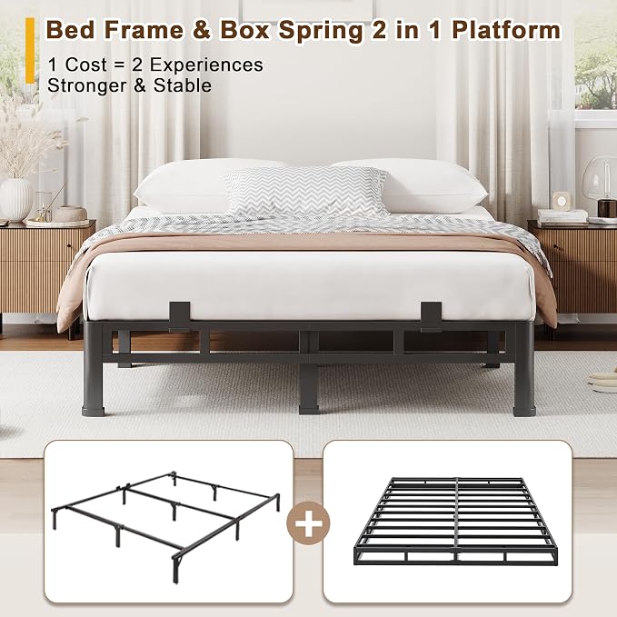 ROIL 10 Inch Full Size Bed Frame, Metal Bed Frame & Box Spring 2 in 1 Platform with Round Corner Legs, 4000LBS Double Layer Low Profile Metal Platform Mattress Baffles, Noise-Free Easy Assembly