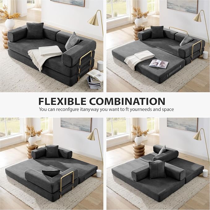 4-in-1 Folding Convertible Sofa Bed, 78 Inch Boneless Couch with Fixed-Shape Frame, Corduroy Loveseat Sleeper with Pull Out Bed, Floor Sofa Modular Futon Couch for Living Room Bedroom Lounge (Grey)