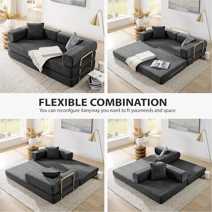 4-in-1 Folding Convertible Sofa Bed, 78 Inch Boneless Couch with Fixed-Shape Frame, Corduroy Loveseat Sleeper with Pull Out Bed, Floor Sofa Modular Futon Couch for Living Room Bedroom Lounge (Grey)