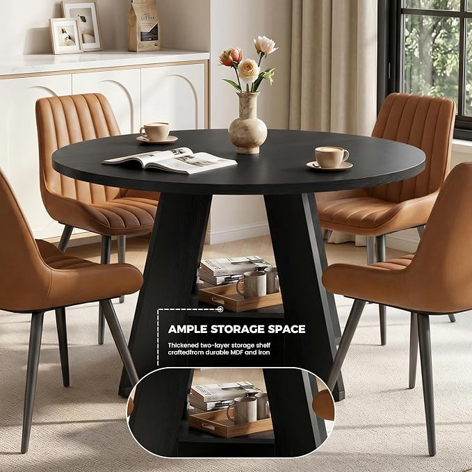 Miereirl 47.3 Inch Round Dining Table Set for 4, Round Kitchen Table with Chairs, Space Saving Dining Room Table Set with Storage Shelf for Apartment Kitchen Dining Room, Black Table+4 Brown Chairs