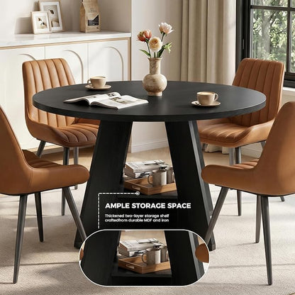 Miereirl 47.3 Inch Round Dining Table Set for 4, Round Kitchen Table with Chairs, Space Saving Dining Room Table Set with Storage Shelf for Apartment Kitchen Dining Room, Black Table+4 Brown Chairs