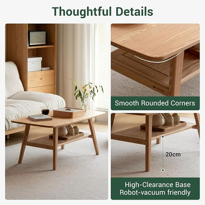 Small Coffee Table for Living Room, 2-Tier Mid Century Modern Small Tables with Shelf Storage, Storage Coffee Table with Rounded Corners (Solid Oak Wood Log Color, 31.5'' L)