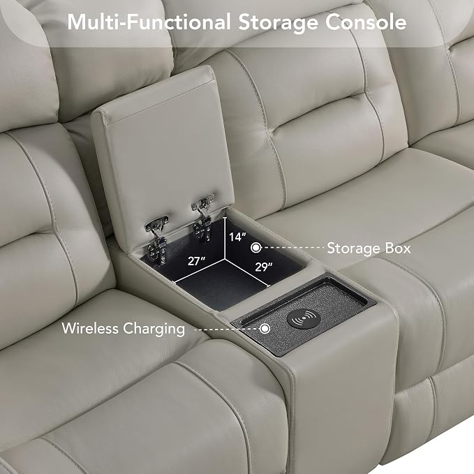 Watson & Whitely Genuine Leather Power Recliner Sofa, Lay Flat Reclining Sofa with Storage Console, Power Headrest & Cup Holders, 3 Seater Electric Reclining Couch for Living Room, Grey