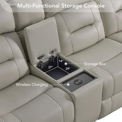 Watson & Whitely Genuine Leather Power Loveseat and Recliner Sofa Set, Lay Flat Reclining Couch with Console, Power Headrest, USB & Wireless Charging, Cup Holders for Living Room, Grey