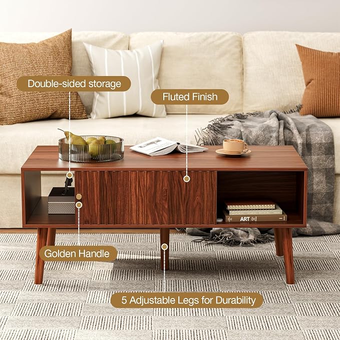 LCRBOL Coffee Table with Fluted Sliding Door, Mid-Century, Walnut | 39.3"L x 19.7"W x 17.1"H, double-sided sliding door & open shelf (7.5" clearance), golden knob, 5 tapered legs