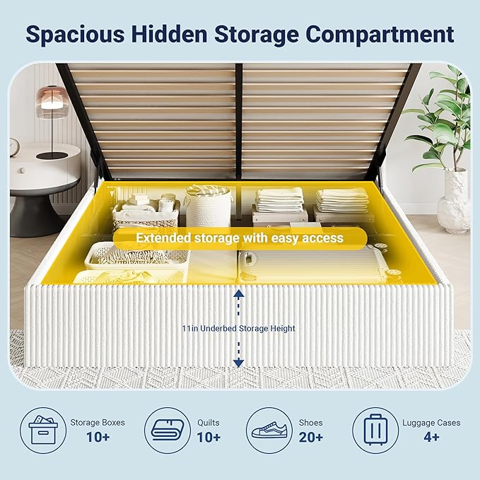 Allewie King Lift-Up Storage Bed Frame with Modern Wingback Headboard, Corduroy Upholstered Platform Bed, Hydraulic Gas Lift Support, Underbed Storage, Wooden Slats, No Box Spring Needed, White