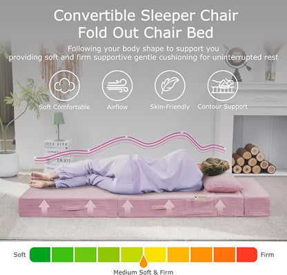 Folding Sofa Bed, 4 in 1 Convertible Sleeper Chair with Pillow, Single Memory Foam Fold Out Chair Bed, Modern Floor Futon Sofa Couch Mattress for Living Room/Guest/Apartment, Pink