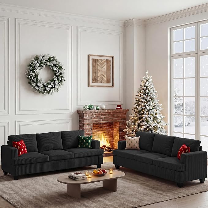 Apicizon 89" Modern Sofa Couch Set, Corduroy Couch 2 Piece Sofa Set for Living Room, Modern Lounge Sofa Couches for Apartment Lounge, Black