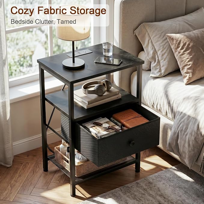 LOAKEKEL Night Stand, Nightstand with Charging Station, Slim Industrial Bedside Table with Fabric Drawer, Small End Table with USB & Type-C Ports for Bedroom, Black, HETS010BK-1