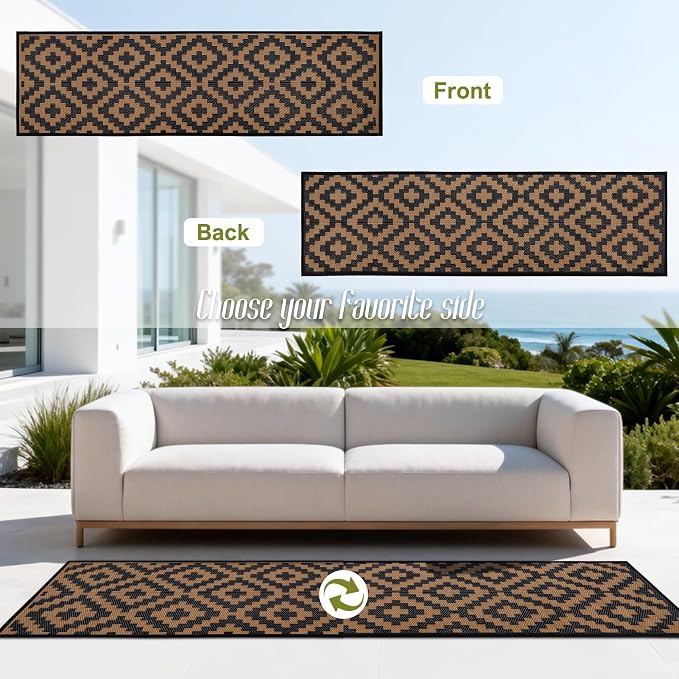 SAND MINE Reversible Mats, Plastic Straw Rug, Modern Area Rug, Large Floor Mat and Rug for Outdoors, RV, Patio, Backyard, Deck, Picnic, Beach, Trailer, Camping, Black & Brown, 2.5' x 8'