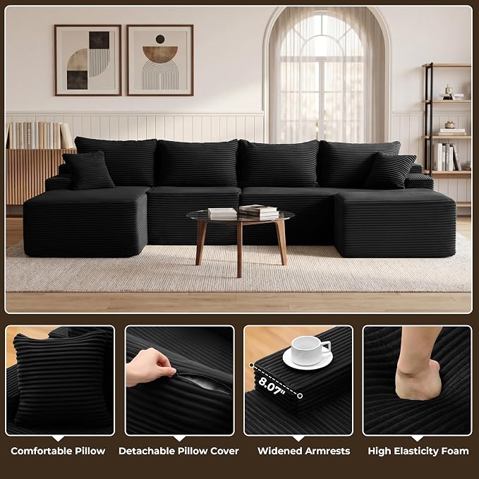 Mangodan 118'' Cloud Sectional Couch, U Shaped Boneless Couches for Living Room, Modular Sectional Sofa with Deep Seat Light Facing Chaise, Comfy Cloud Couch Sofa, Black