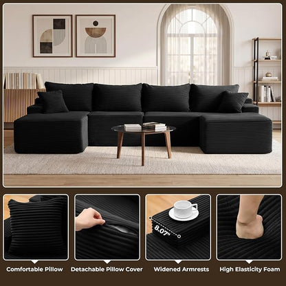 Mangodan 118'' Cloud Sectional Couch, U Shaped Boneless Couches for Living Room, Modular Sectional Sofa with Deep Seat Light Facing Chaise, Comfy Cloud Couch Sofa, Black