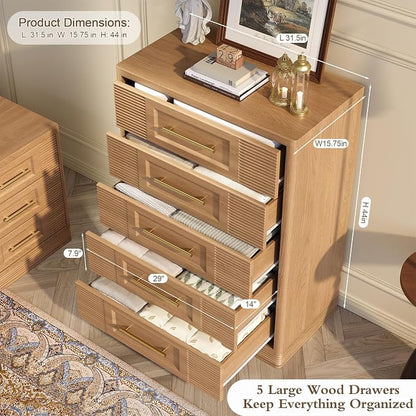 RECHHX Farmhouse 5 Drawers Dresser for Bedroom, 44" Tall Modern Chest of Drawers, Wooden Thermoformed Curved Dresser Organizer for Bedroom, Living Room, Natural Oak