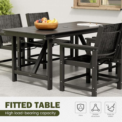 7 Piece HDPE Patio Dining Set, All-Weather Outdoor Table and Chair Sets with Umbrella Hole Outdoor Dining Table Sets of 6 Textilene Fabric Patio Chairs for Backyard, Poolside, Garden, Deck(Black)