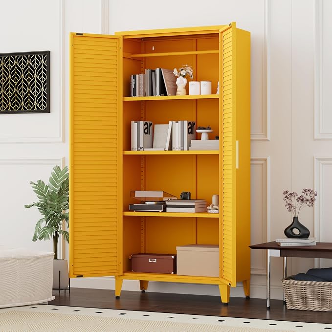 61 "H Yellow Metal Cutlery Cabinet with Door Freestanding Kitchen Cabinet with 3 Adjustable Shelf Side Panels, Suitable for Kitchen, Living Room, Dining Room Metal Cabinet,Requires Assembly