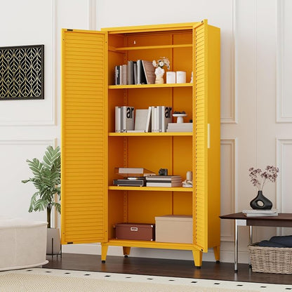 61 "H Yellow Metal Cutlery Cabinet with Door Freestanding Kitchen Cabinet with 3 Adjustable Shelf Side Panels, Suitable for Kitchen, Living Room, Dining Room Metal Cabinet,Requires Assembly