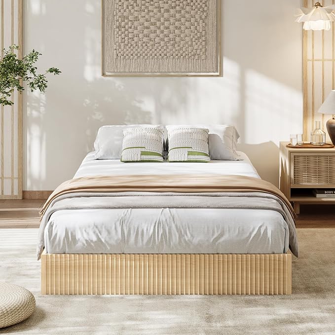 Garvee Twin XL Bed Frame, Wood Platform Bed with Fluted Design, Low Profile BedFrame, Minimalist Bed Base with Noise-Free, Easy Assembly, No Box Spring Needed, Natural