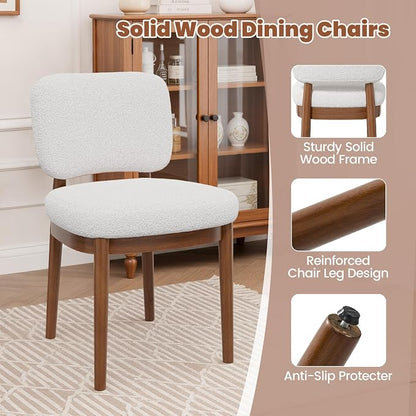 Wooden Dining Chairs Set of 2, Boucle Upholstered Kitchen Chairs with Solid Wood Legs, Mid Century Modern Dining Chairs, Farmhouse Side Chair with Hardwood Frame for Dining Room, White