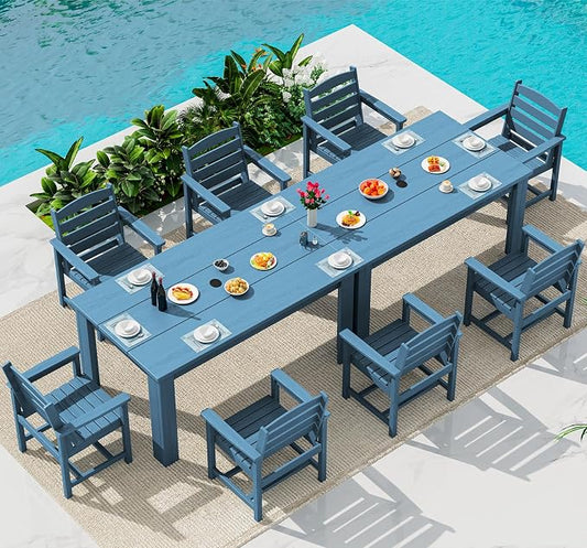 SERWALL HDPE Dining Set for 8: 2 Umbrella Hole Tables + 8 Chairs. for Garden, Backyard, Poolside. Blue