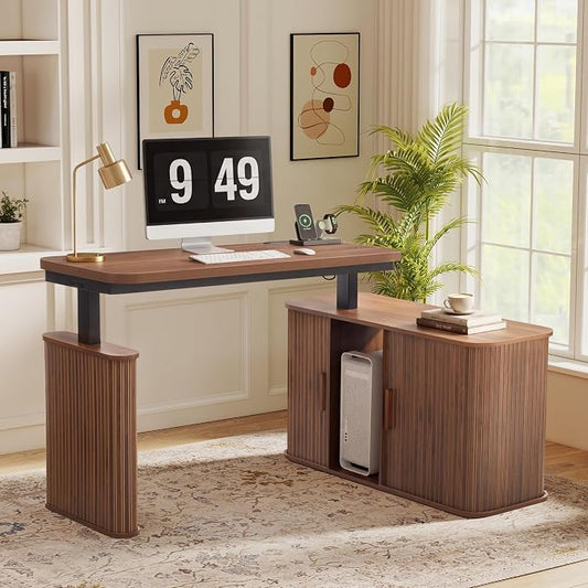 L Shaped Standing Desk with Storage, 47" Electric Desk Height Adjustable Executive Desk with Drawers, Sliding Door Wood Desk Office Sit Stand up Desk for Work, Study, Writing, Walnut