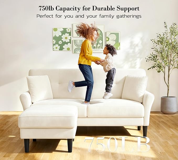 Kidirect Small Sectional Couch, 69" L Shaped Couch, Sectional Sofa, White | Comfy Velvet Couch, Tool-Free Setup, 750lb Max Load, Movable Ottoman, Ideal for Living Room, Bedroom, Apartment, Office