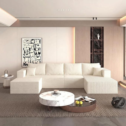 118" U-Shaped Modular Sectional Sofa, Soft Corduroy Cloud Couch with Chaise & Ottoman, Comfy Boneless Couches for Living Room,No-Assembly,Beige (Right Facing Chaise)