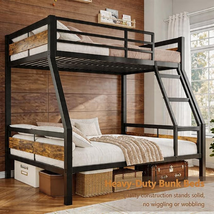 Einhomn Bunk Bed Twin Over Full, Heavy Duty Metal Bed with Ladder and Full-Length Guardrail, Large Under-Bed Storage Space, No Box Spring Needed, Noise Free, Rustic Brown