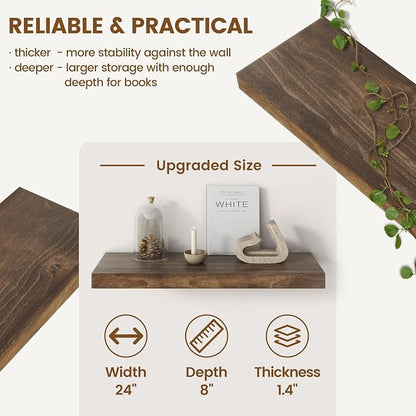 Floating Shelves for Wall Decor, 8" Deep Solid Elm Wood Floating Shelves Wall Mounted, Rustic Wall Shelves with Invisible Bracket for Living Room Bathroom Bedroom Kitchen, 24 Inch Set of 2, Walnut