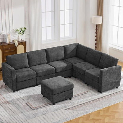 104'' V Shaped Modular Sofa, Sectional Couch with Storage for Living Room, Modern 7 Seater Cloud Sectional Couch with Movable Ottoman, Chenille Dark Grey