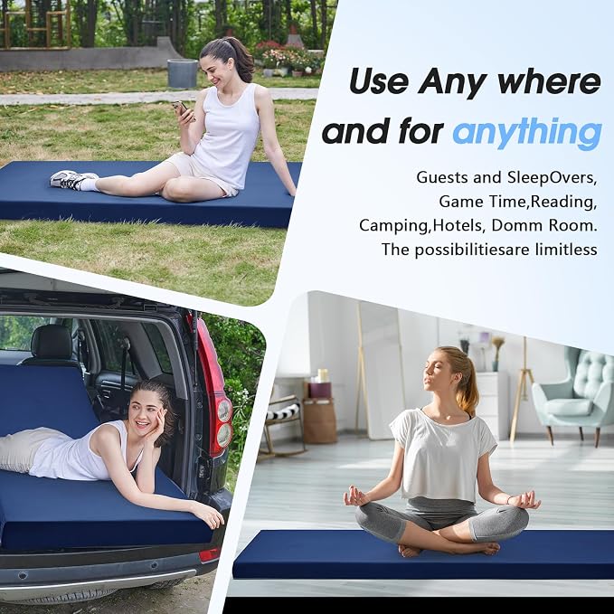 CYMULA 3 Inch Memory Foam Camping Pad, Camping Essentials Roll Up Floor Mat for Car Camping, Cot, Tent, Truck, Travel and Guest Use, Non-Slip Waterproof Bottom, Removable Cover