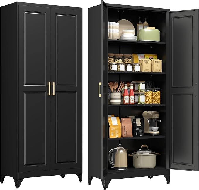 75" Metal Storage Cabinet with 4 Adjustable Shelves, Large Black Steel Pantry Cabinet with Doors, 180 lbs Max Load Per Shelf, Heavy Duty Utility Organizer for Garage & Workshop