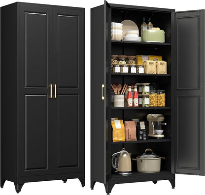 75" Metal Storage Cabinet with 4 Adjustable Shelves, Large Black Steel Pantry Cabinet with Doors, 180 lbs Max Load Per Shelf, Heavy Duty Utility Organizer for Garage & Workshop