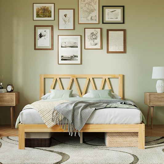 Novilla 12 Inch Wooden Full Size Bed Frame, Solid Wood Full Size Bed Frame with Headboard, Sturdy Wood Slat Support, No Box Spring Needed, Easy Assembly, Pine