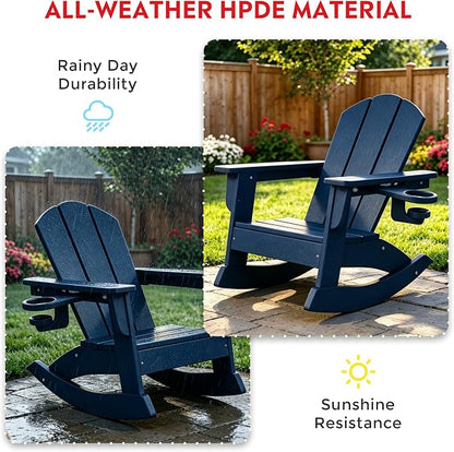 Costaelm Paradise Kids Outdoor Preschool HDPE Plastic Classic Adirondack Rocking Chair (Set of 2), Navy Blue