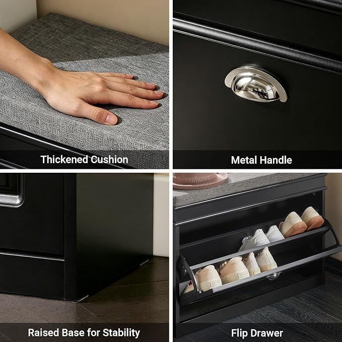 Haotian Shoe Storage Bench with Cushion, Black Narrow Shoe Rack for Entryway, Small Shoe Cabinet with Flip-Drawer, Closet Hallway Mudroom FSR82-L-SCH