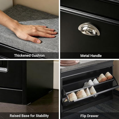 Haotian Shoe Storage Bench with Cushion, Black Narrow Shoe Rack for Entryway, Small Shoe Cabinet with Flip-Drawer, Closet Hallway Mudroom FSR82-L-SCH