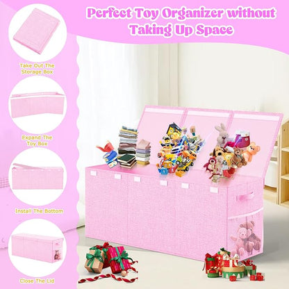 Beadsky Extra Large Toy Box Toddlers Chest with Lids, Collapsible Sturdy Toy Storage Organizer, Kids Bin Boxes Storage Basket for Boys, Girls, Nursery, Living Room, Playroom, 40"x14"x16" (Pink)