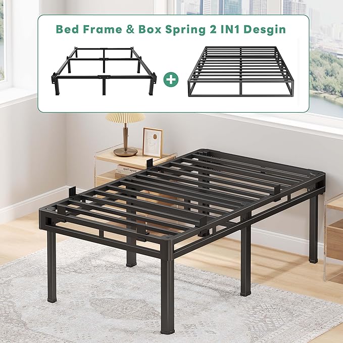 Superay Twin Bed Frame, 24 inch Metal Bed Frame & Box Spring 2 in 1 Platform with Rounded Legs, Double Layer Bed Frame with Matress Gasket & headboard Adapter, Support Up to 4000lbs