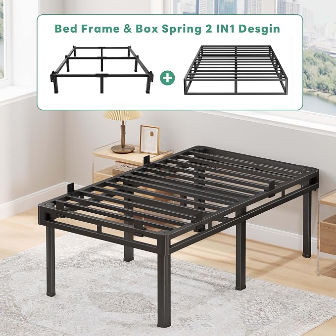 Superay Twin Bed Frame, 22 inch Metal Bed Frame & Box Spring 2 in 1 Platform with Rounded Legs, Double Layer Bed Frame with Matress Gasket & headboard Adapter, Support Up to 4000lbs