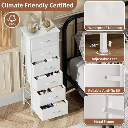 Somdot Tall Dresser for Bedroom with 6 Drawers, Storage Organizer Chest of Drawers with Removable Fabric Bins for Closet Bedside Living Room Laundry Entryway Hallway, White Leather