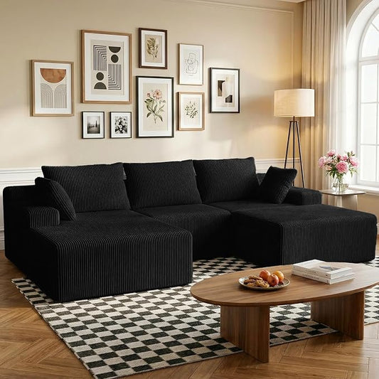 kinmars 108" Boneless Sectional Couch,Corduroy Cloud Couch Sectional for Living Room,Modern U Shaped Modular Sectional Couch,3 Seater Sofa (Black, 108.9" U Shaped with Ottoman)