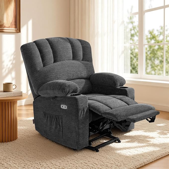 MCombo Oversized Power Lift Recliner Chair for Elderly, Lift Chair with Heat and Massage, Lift Recliner for Big and Tall, Cup Holders, USB & Type C Ports, Fabric R7092 (Dark Grey, Oversize)
